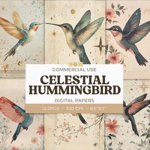 Hummingbird Digital Papers, Vintage Bird Ephemera 8.5x11 Junk Journal Page, Scrapbook Cards, Commercial Use, 12 JPG
