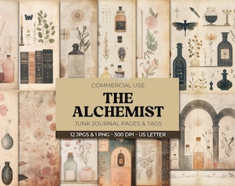 May include: A collection of vintage-style junk journal pages and tags with an alchemist theme. The pages feature illustrations of apothecary bottles, flowers, books, and botanical elements. The text "THE ALCHEMIST" is displayed.