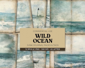Oceaanthema voor junk Journal, Wild Sea Pages & Tags, digitaal plakboekpapier, nautisch afdrukbaar, collageblad, vintage ephemera, download