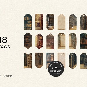 Op de afbeelding: Achttien printbare cadeaulabels met vintage-afbeeldingen van een bibliotheekinterieur. De labels zijn in PNG-formaat en 300 DPI resolutie.