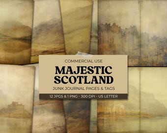 Scotland Junk Journal Kits, Majestic Wild Scottish Landscape Pages & Tags, Digital Scrapbook Paper, Collage Sheet, Watercolor Ephemera