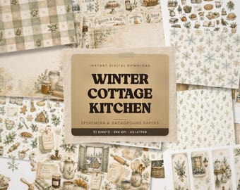 Winter Cottage Kitchen Junk Journal Kit | 51 Printable Pages | Vintage Baking Ephemera | Cottagecore Papers | Recipe Journal