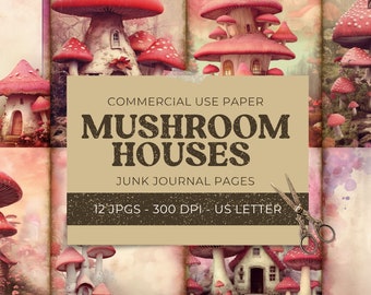 Mushroom House Junk Journal Pages, Pink Fairy House Double Pages Fantasy Printable Digital Paper Scrapbook Digital Download Commercial Use