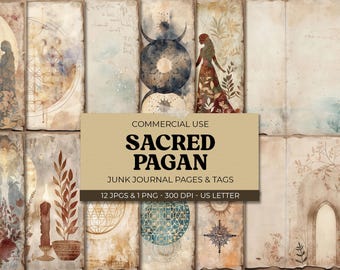Sacred Pagan Junk Journal Kit, Mystic Moon Printable, Digital Scrapbook Paper Green Witch Collage Sheet Celestial Backgrounds Grimoire Pages