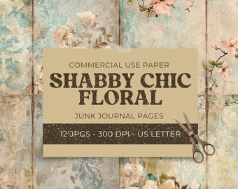 Shabby Chic Junk Journal Digital Paper, Floral 12 Digital Journal Pages + 18 tags, Printable Ephemera, Paper Craft, Collage Sheet 11 x 8.5