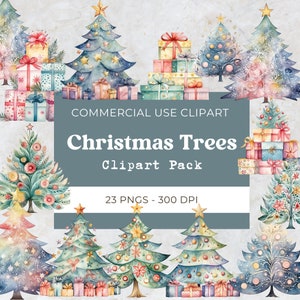 Decorated Christmas Tree Clipart, Winter Christmas Tree, Christmas Clipart Watercolor, Digital Download, Commercial Use, 23 Png 300 Dpi