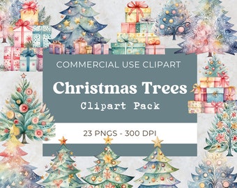 Decorated Christmas Tree Clipart, Winter Christmas Tree, Christmas Clipart Watercolor, Digital Download, Commercial Use, 23 Png 300 Dpi