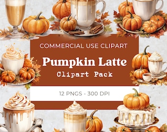 May include: A set of 12 digital clipart images featuring pumpkin spice lattes, pumpkins, and fall leaves. The images are perfect for creating fall-themed designs, invitations, and other projects.  Commercial use clipart. 12 PNGs - 300 DPI.