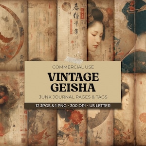 Junk Journal Printables Japan, Vintage Japanese Ephemera, Geisha Digital Pages, Asian Scrapbook Collage Kit Digital Download 11 x 8.5