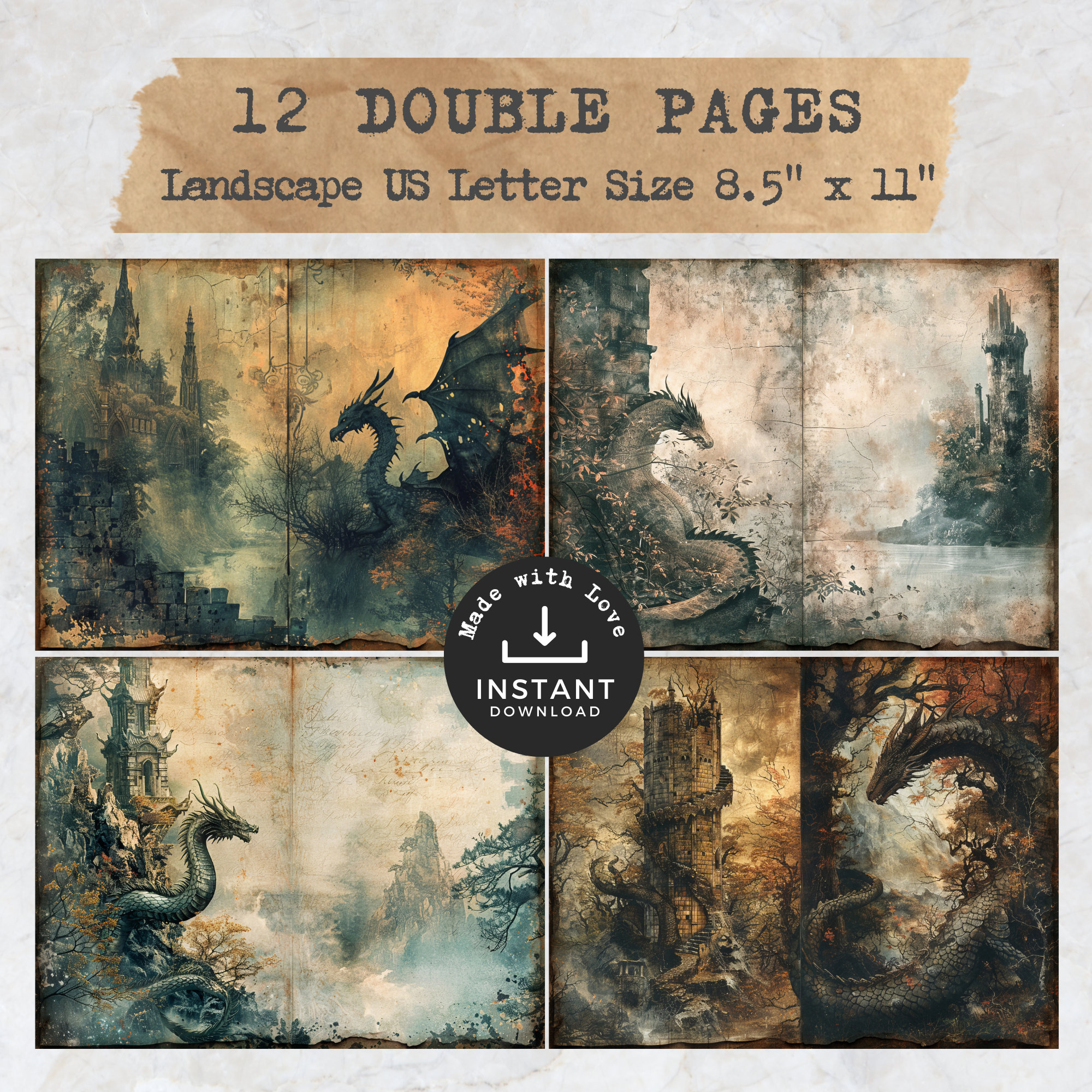 Fantasy Dragon Junk Journal, 12 Vintage Digital Journal Pages + 18 Tags ...