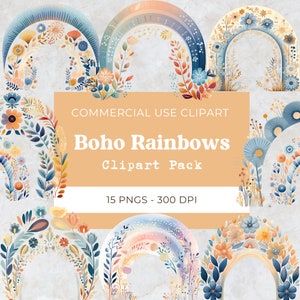Boho Rainbow Clipart, Pastel Rainbow Clipart with Flower, Neutral Boho Rainbow Arches | Digital Download, Commercial Use, 15 Png 300 Dpi