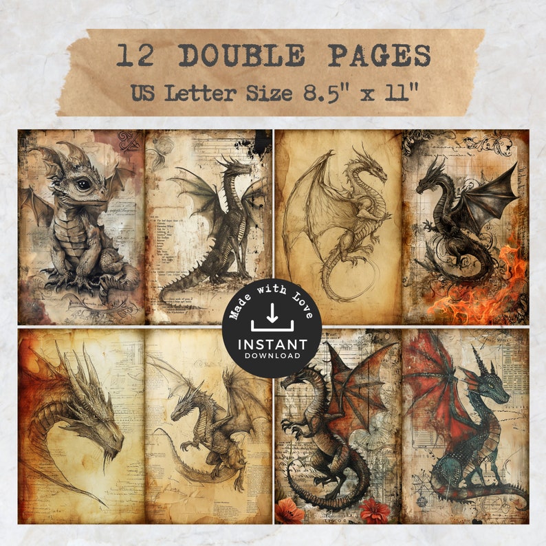 May include: Twelve double-sided printable pages featuring vintage-style illustrations of dragons in various poses. The pages are designed for use with a standard 8.5 x 11 inch US letter size paper.