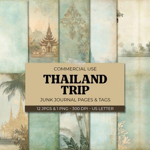 Diario basura de Tailandia, viajes por Asia, efímeras de viajes antiguas, templos exóticos, páginas de diario con paisajes tropicales para manualidades, álbumes de recortes
