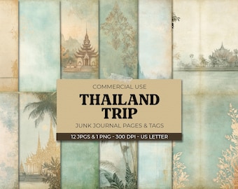 Thailand Junk Journal, Asian Travel, Vintage Travel Ephemera, Exotic Temples, Tropical Landscapes Journal Pages for Crafts, Scrapbooking