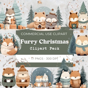 Lindo clipart de Navidad peludo, imágenes prediseñadas de animales del bosque de invierno, lindo acuarela Navidad png, descarga digital, uso comercial, 17 png 300 dpi