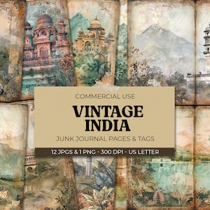 India Travel Junk Journal, vintage Indiase landschapspagina's, antiek reispapier India thema plakboek, digitale collage, afdrukbare tags