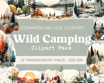 Camping Clipart commercial use, Outdoor Adventure Clipart, 300 dpi, 12 Transparent PNGs