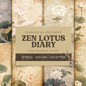 Zen Lotus Junk Journal, Pagine ed etichette, Carta floreale per pianificatore, Foglio di collage giapponese vintage, Fornitura di album stampabile, Download digitale