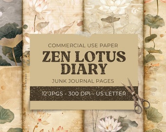 Zen Lotus Junk Journal, Pages & Tags, Floral Paper for Planner, Vintage Japanese Collage Sheet, Scrapbook Supply Printable, Digital Download