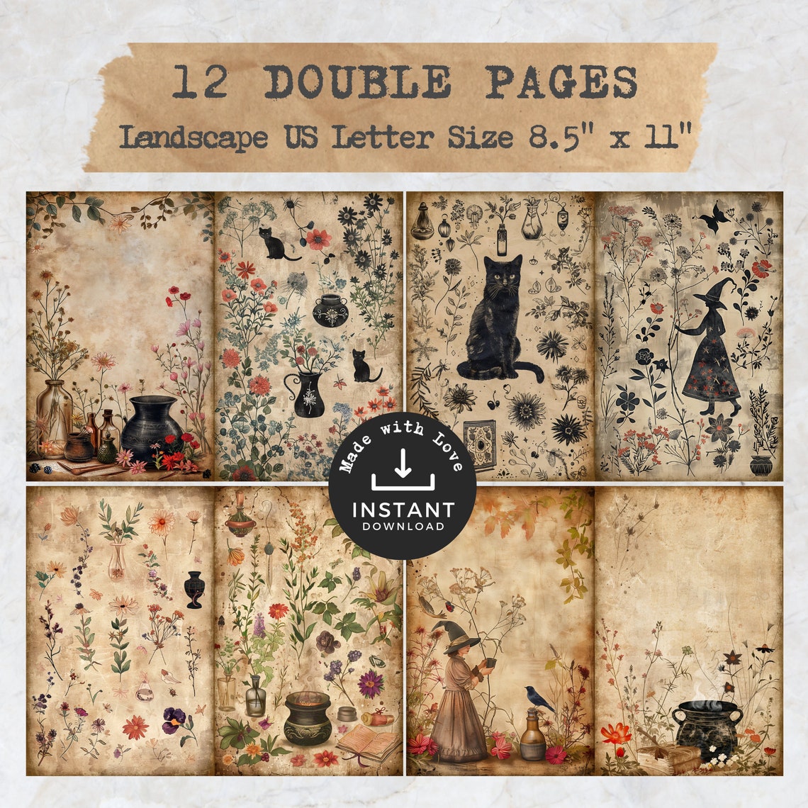 Witch Junk Journal Pages & Tags, Craft Paper Pack, Vintage Herbal ...