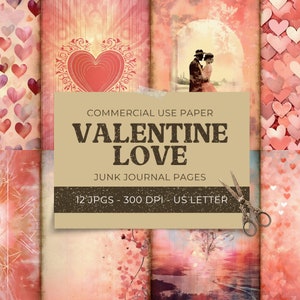 Valentine Love Junk Journal Pages, Double Pages, Vintage Printable Digital Paper, Pink Hearts Scrapbook Digital Download, Commercial Use