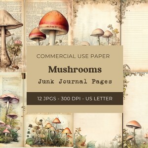 Mushroom Digital for Junk Journal, Double Junk Journal Pages, Botanical Printable, Vintage Digital Paper, Digital Download, Commercial Use