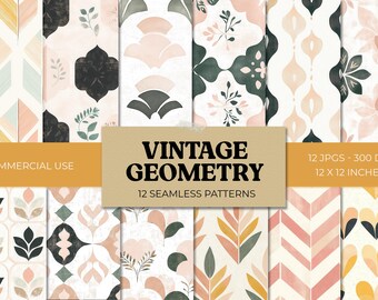 Retro Seamless Patterns, Vintage Geometry Seamless Digital Papers, Abstract Scrapbook Backgrounds, Cute Boho Digital Papers, for Crafts