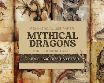 Dragon Junk Journal Printables, Fantasy Gothic Background, Vintage Mythical Creature Scrapbook Paper Printable Sheet, Digital Download
