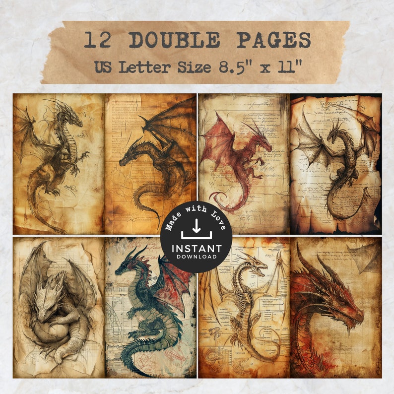May include: Twelve double-sided digital paper pages featuring vintage illustrations of dragons on a parchment background. The pages are 8.5 inches by 11 inches and are perfect for scrapbooking, card making, and other paper crafts.