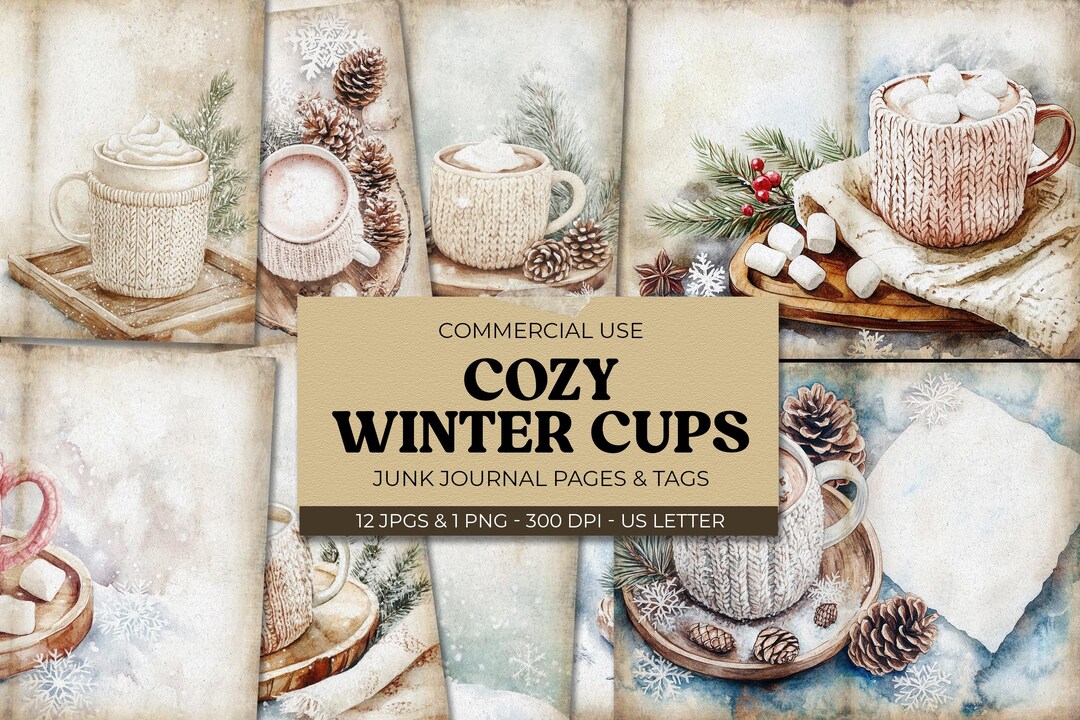 Winter Junk Journal Printable Pages, Digital Scrapbook Paper Kit, Cup ...
