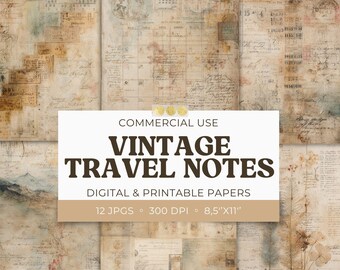 May include: A collection of vintage-style digital and printable papers. The papers feature a collage of aged textures, handwritten notes, and calendar elements in sepia tones. The text on the image reads "VINTAGE TRAVEL NOTES" and "8.5"x11".
