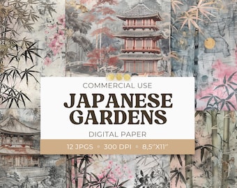 Può includere: Un pacchetto di carta digitale con 12 immagini di giardini giapponesi con una pagoda, bambù e fiori di ciliegio in tonalità di grigio, rosa e oro. Il testo "COMMERCIAL USE JAPANESE GARDENS DIGITAL PAPER 12 JPGS • 300 DPI • 8.5"X11"" è visualizzato su un rettangolo bianco.