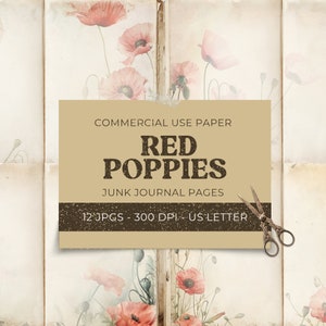 Poppy Junk Journal Kit, 12 Rote Blumen Digital Journal Seiten + 18 Tags, Floral bedruckbare Ephemera, Papiermodelle, Collage Sheet 11 x 8.5