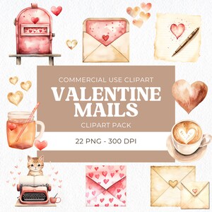 Valentine Mail Clipart, Watercolor Love Letter, Valentine Hearts Png, Romantic Valentine&#39;s Day, Digital Download Commercial Use, 22 Png