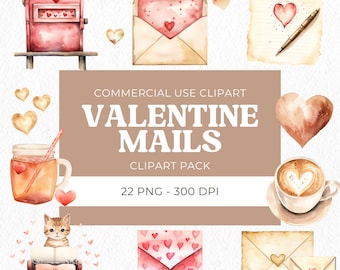 May include: A digital clipart pack of 22 Valentine's Day themed illustrations. The illustrations include a mailbox, envelopes, hearts, a coffee cup, a typewriter, a cat, and a jar of tea. The illustrations are in a watercolor style and are perfect for creating cards, invitations, and other crafts.