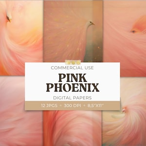 Papiers roses Phoenix, paquet de papier numérique Feather Dreams rose et or, art fantastique fougueux pour le scrapbooking, les journaux et les travaux manuels imprimables