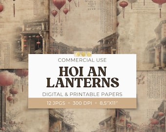 Vietnam Hintergrundpapiere, Rote Laterne Collage, Asiatisches bedruckbares Sammelalbum, Junk Journal Seiten, Hoi An Journal, 8,5 x 11 Blatt, kommerziell