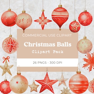 Christmas Balls Watercolor Clipart, Christmas Ornaments Clipart, Christmas Baubles, Digital Download, Commercial Use, 26 Png 300 Dpi