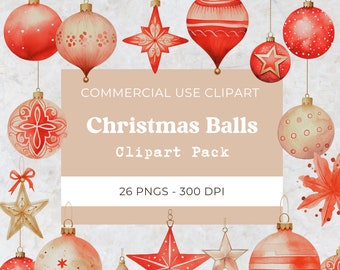Bolas de Navidad Acuarela Clipart, Adornos de Navidad Clipart, Adornos de Navidad, Descarga Digital, Uso Comercial, 26 Png 300 Dpi