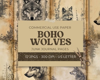 Wolf Junk Journal Kit, Boho Wolf Ephemera, Woodland Forest Collage Sheet, Scrapbook Paper Kit Mystic Animal Printable Craft Digital Download