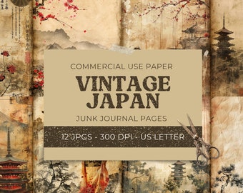 Vintage Japan Junk Journal Pages, 12 Asian Junk Journal Pages + 18 Tags, Oriental Digital Scrapbook Paper, Printable Collage Sheet 11 x 8.5