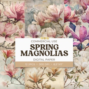 Vintage Magnolia Paper, Spring Flower Junk Journal imprimible, Scrapbook Collage Junk Journal Ephemera, Journal Card US Letter Uso comercial