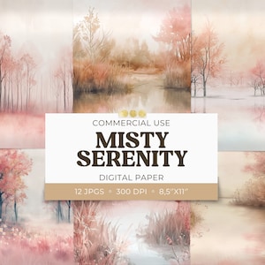 Aquarel bos digitale download roze, afdrukbare papieren, scènes Misty Serenity, 8,5 x 11 vel ongewenste dagboekpagina's, reclame voor scrapbooking