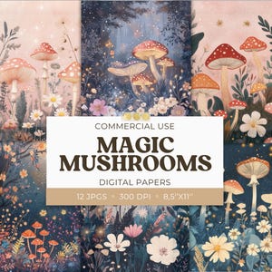 Images de champignons magiques pour le journal indésirable et le scrapbooking, papiers imprimables, illustrations de jardins de champignons, cartes éphémères, usage commercial