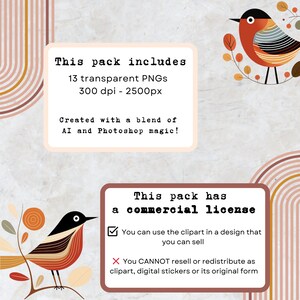 May include: A digital illustration of two stylized birds with geometric patterns in shades of red, orange, and brown. The text "This pack includes 13 transparent PNGs 300 dpi - 2500px Created with a blend of AI and Photoshop magic! This pack has a commercial license You can use the clipart in a design that you can sell X You CANNOT resell or redistribute as clipart, digital stickers or its original form" is also included.