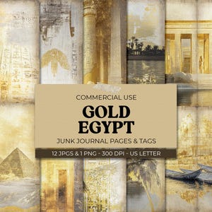 Junk Journal Egypt, Ancient Egyptian Landmark & Hieroglyph Junk Journal Pages, Gold Printable Ephemera, Scrapbooking, Digital Paper Crafts