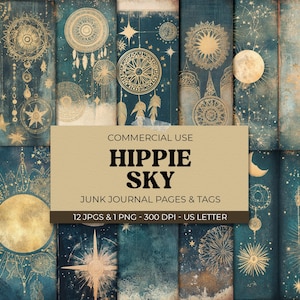 Dark Moon Junk Journal, Boho Celestial Scrapbook Paper Kit, Vintage Night Sky, ephemera, mystieke sterrenpagina's, digitale download