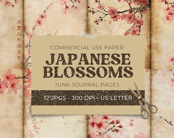 Japanese Blossom Junk Journal, Floral Ephemera, Vintage Cherry Tree Collage Sheet, Scrapbook Paper Kit Printable Craft Tags Digital Download