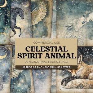 Page de journal indésirable animal esprit céleste, pages de journal + étiquettes, éphémères imprimables étoile lune, feuille de collage artisanat en papier astrologie, numérique