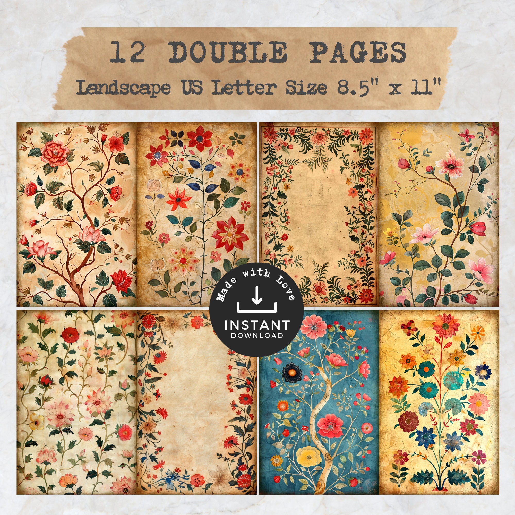 Floral Junk Journal Printable Pages With Tags, Craft Paper Pack ...